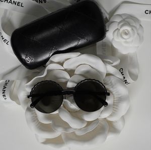 CHANEL Metal Calfskin Round Chain Sunglasses 4265-Q Black